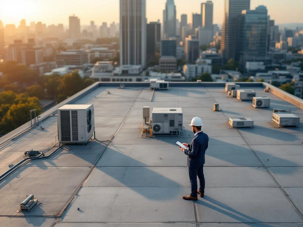 Faciliteitenbeheerder controleert HVAC-systemen op dak van modern gemeentegebouw tijdens gouden uur