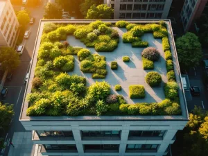 Modern flatgebouw met groene daktuin van sedum planten naast betonnen oppervlak, luchtfoto tijdens gouden uur
