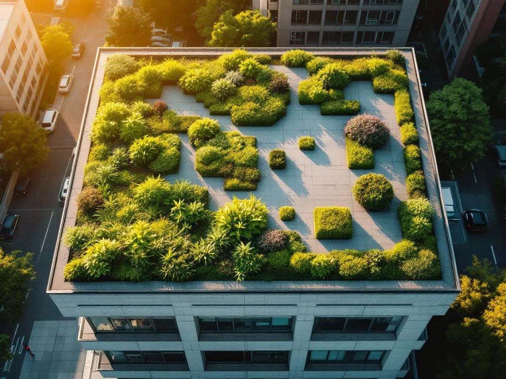 Modern flatgebouw met groene daktuin van sedum planten naast betonnen oppervlak, luchtfoto tijdens gouden uur