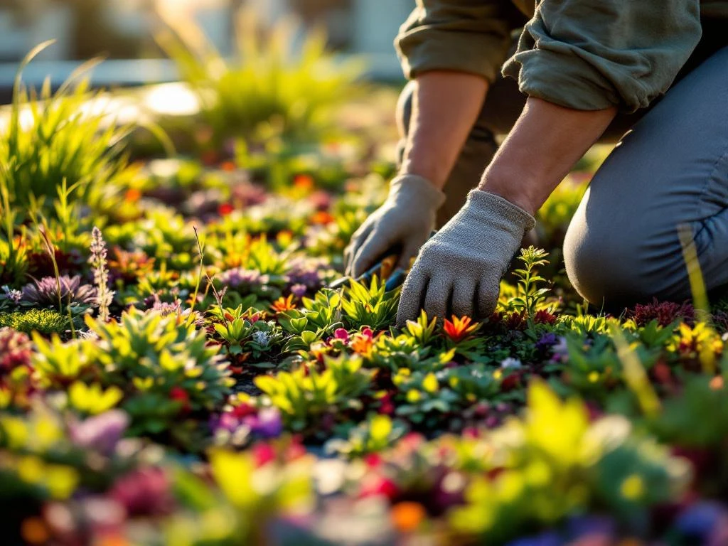 Persoon knielt op groen dak en verzorgt sedum planten en wilde grassen met handgereedschap in gouden zonlicht