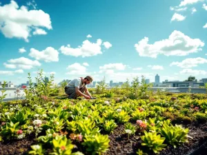 Tuinier onderhoudt levendige sedum planten en wilde bloemen op groen dak met moderne gebouwstructuur eronder