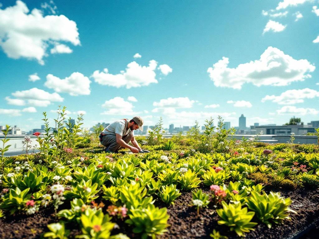 Tuinier onderhoudt levendige sedum planten en wilde bloemen op groen dak met moderne gebouwstructuur eronder