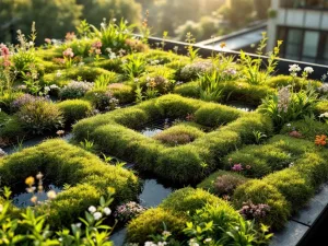 Groen dak met sedum en wilde bloemen op modern gebouw, ochtendauw op bladeren in gouden ochtendlicht