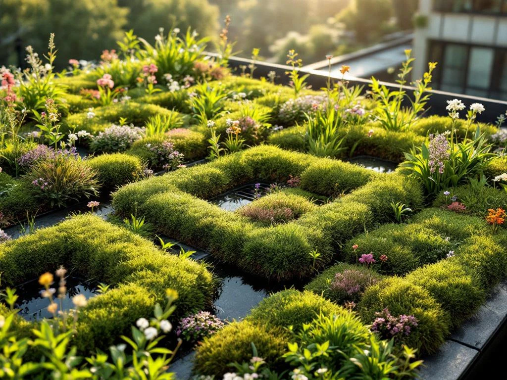 Groen dak met sedum en wilde bloemen op modern gebouw, ochtendauw op bladeren in gouden ochtendlicht