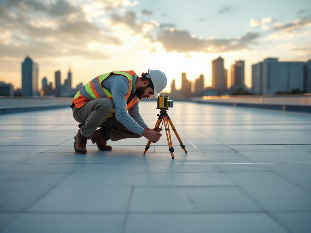 Landmeter in veiligheidsvest meet industrieel dak met digitale laser, moderne gebouwen en skyline op achtergrond