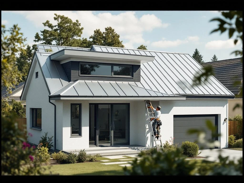 Onderhoudswerker inspecteert modern huis met plat en hellend metalen dak in buitenwijk bij daglicht