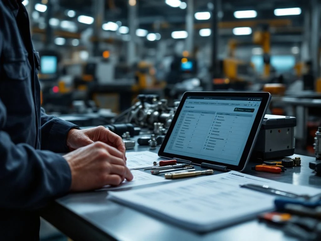 Onderhoudstechnicus past precisieapparatuur aan op werkbank met gereedschap, tablet en checklists in industriële faciliteit
