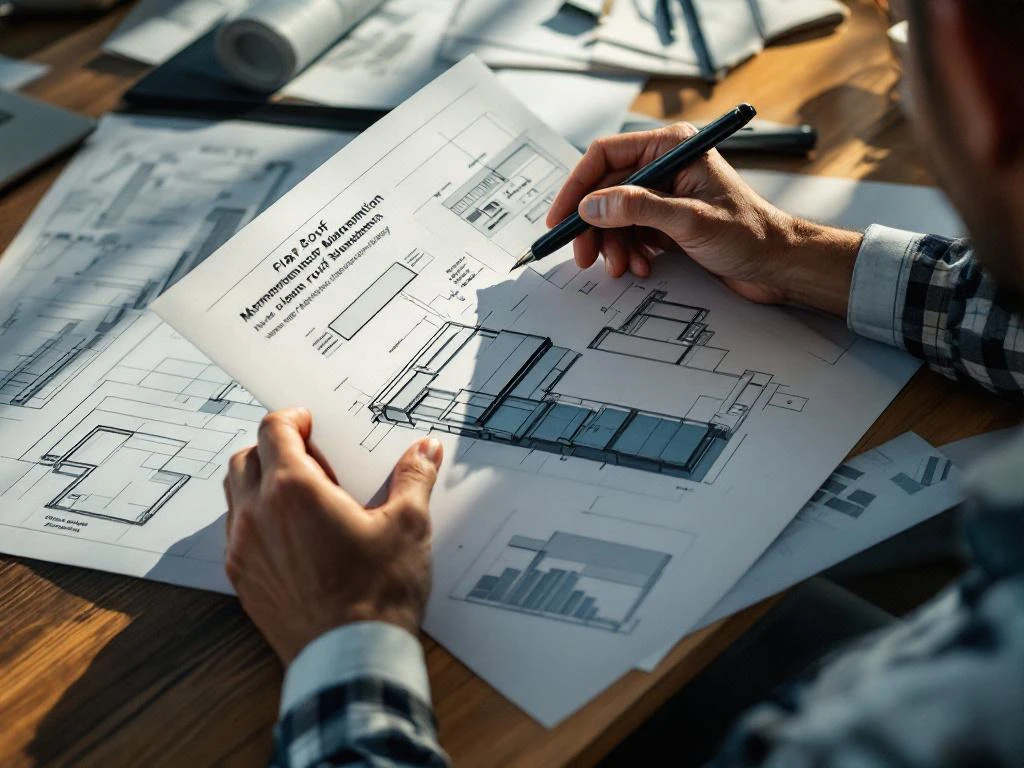 Architect bestudeert platte dak blauwdruk met technische tekeningen van commercieel gebouw en dakbeheersoftware op tablet