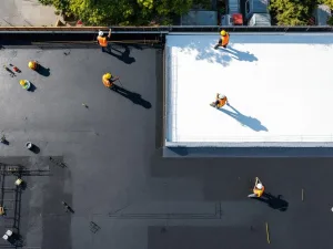 Plat dak bouwplaats van bovenaf met arbeiders die zwart EPDM rubber en wit PVC dakbedekking installeren