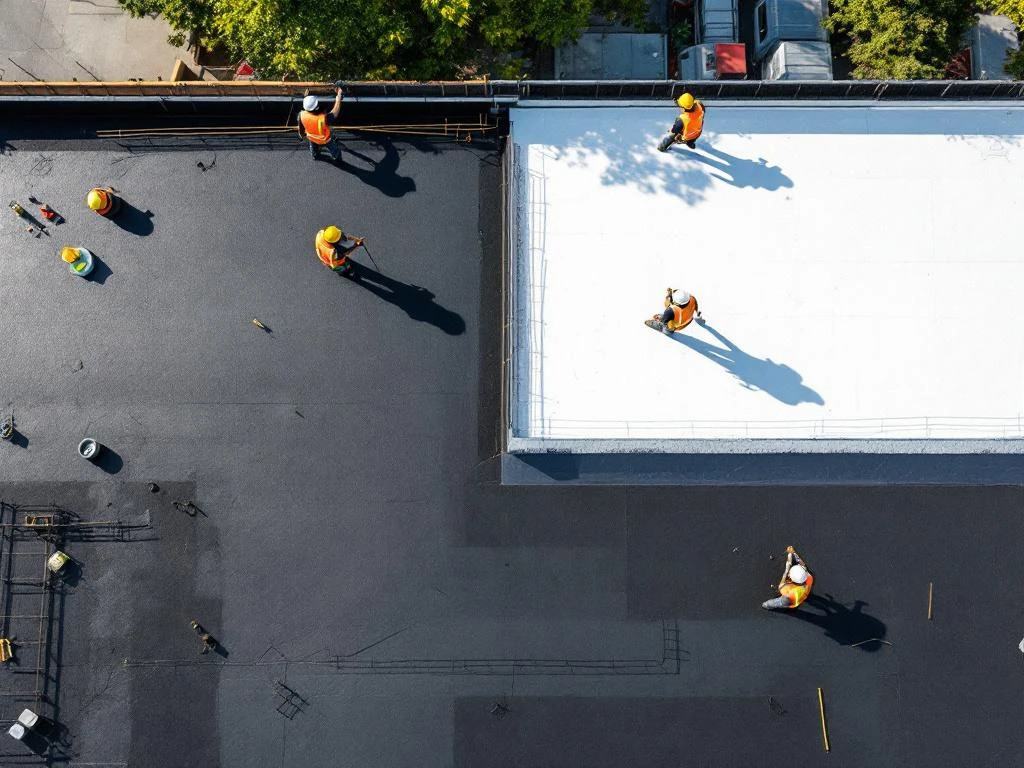 Plat dak bouwplaats van bovenaf met arbeiders die zwart EPDM rubber en wit PVC dakbedekking installeren