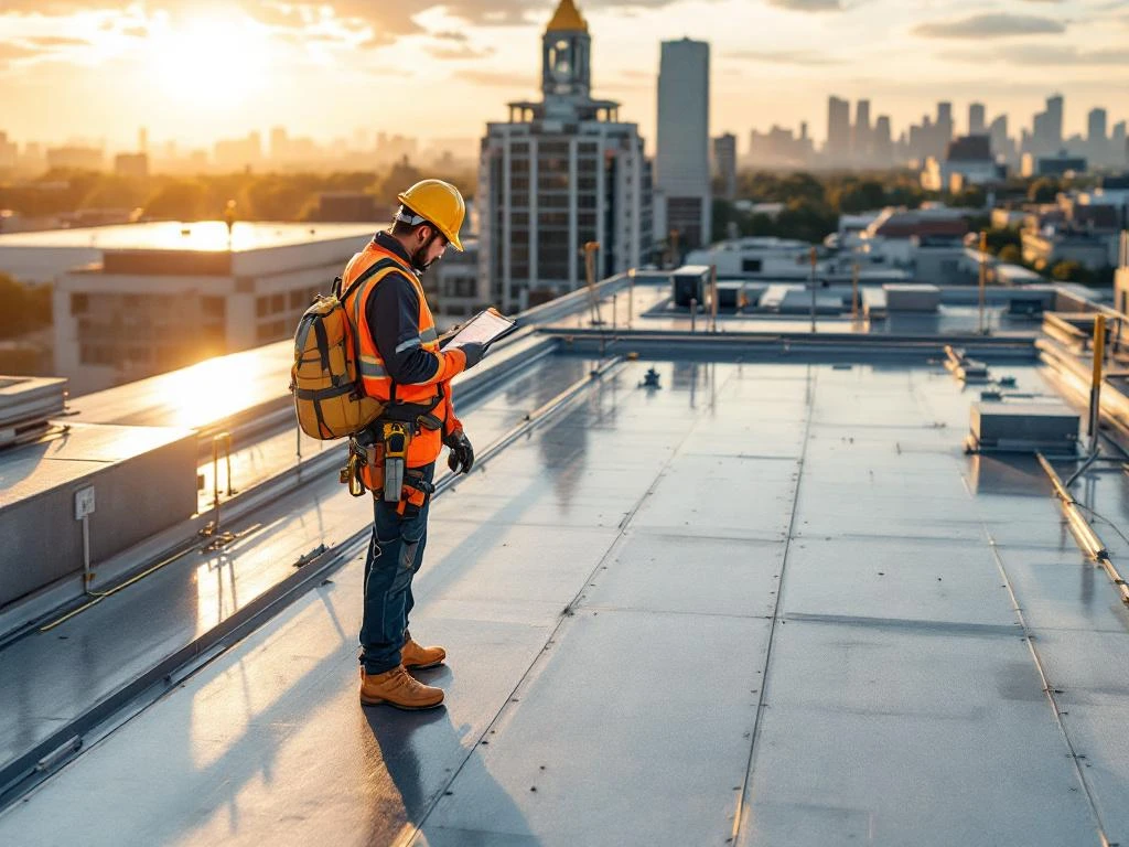 Professionele dakdekker inspecteert modern plat dak met metalen panelen tijdens gouden uur in stedelijke omgeving
