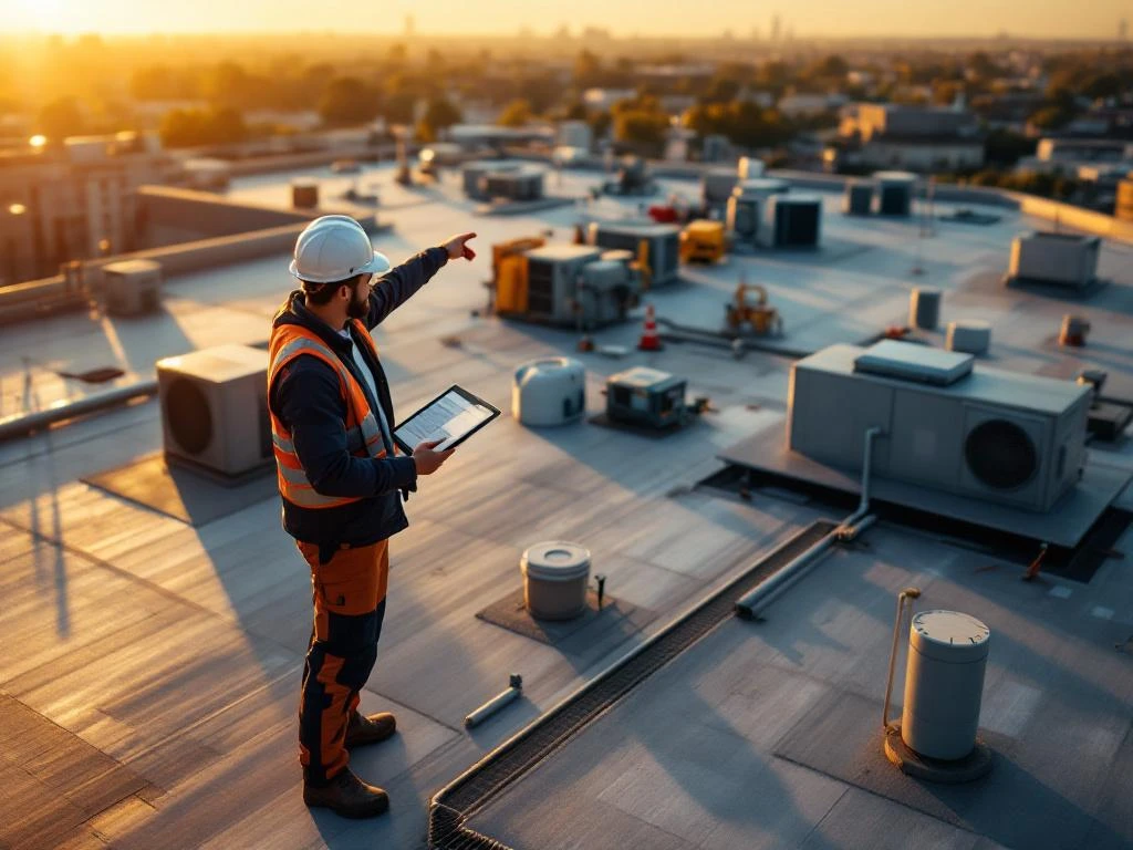 Vastgoedbeheerder inspecteert modern plat dak met tablet, wijzend naar HVAC-systemen tijdens gouden uur