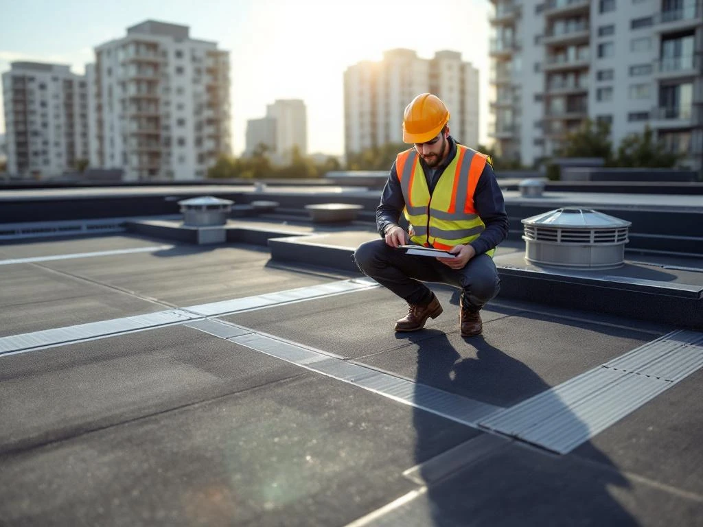 Professionele gebouwinspecteur in veiligheidsvest inspecteert modern plat dak met membraan en metalen afvoersystemen