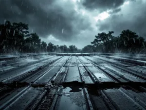 Plat dak met metalen dakbedekking en goten tijdens zware regenval met waterplassen en stormwolken