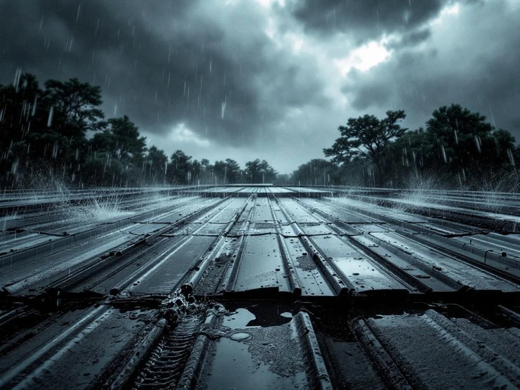 Plat dak met metalen dakbedekking en goten tijdens zware regenval met waterplassen en stormwolken
