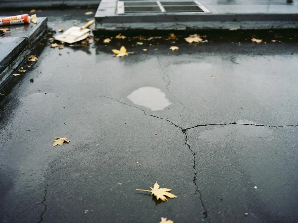 Plat dak met waterplassen, scheuren in dakmembraan, bladeren bij afvoer en onderhoudsgereedschap op dakrand