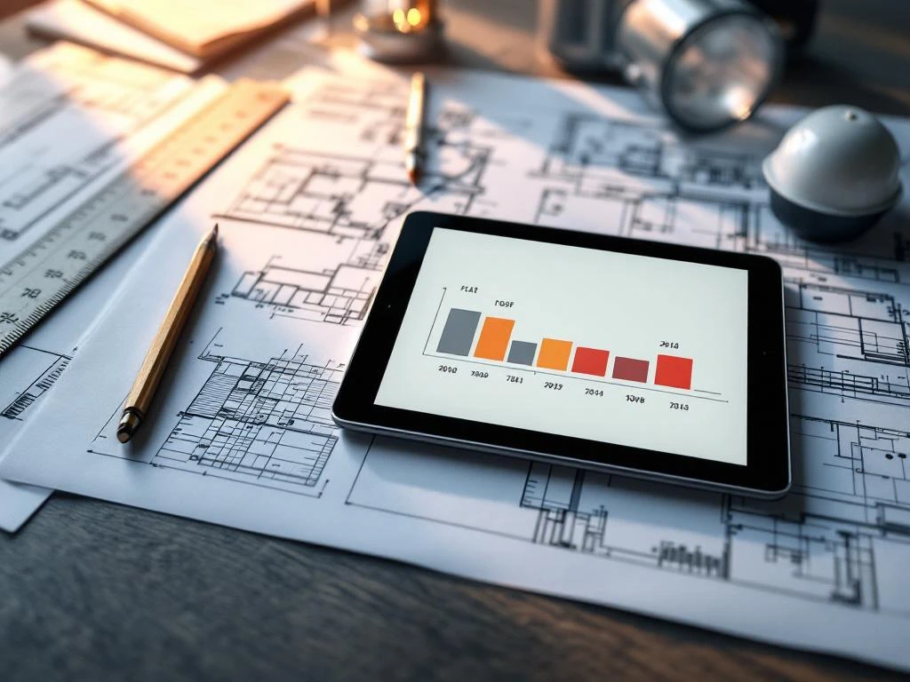 Tablet met onderhoudsplanning op architectenbureau met platte dak blauwdrukken, liniaal en potlood