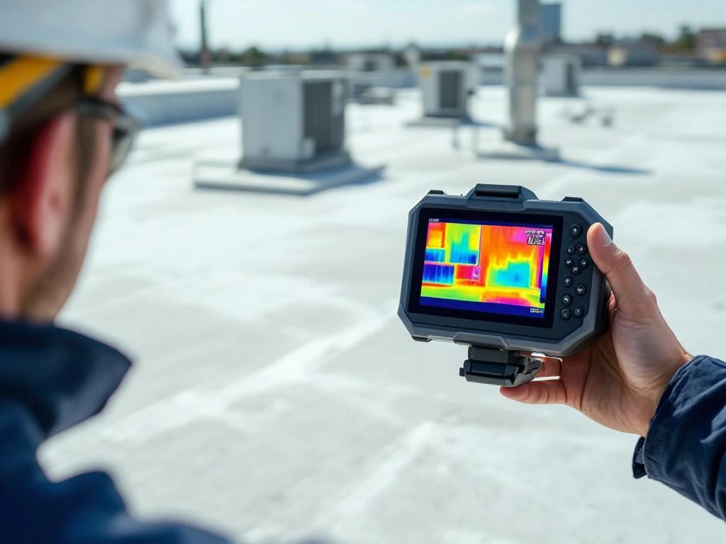 Professionele inspecteur gebruikt thermische camera voor dakonderzoek op commercieel gebouw met HVAC-systemen
