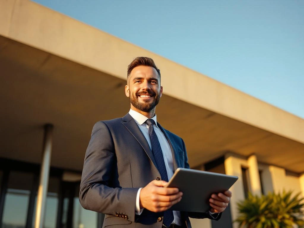 Professionele vastgoedbeheerder met tablet voor modern appartementengebouw tijdens gouden uur