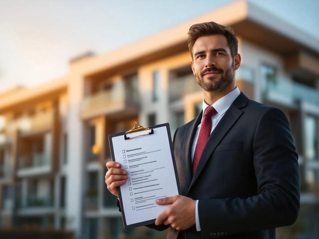 Professionele vastgoedbeheerder met onderhoudslijst voor modern appartementencomplex met glazen gevel