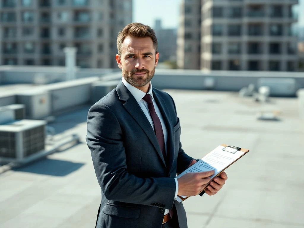 VvE bestuurslid in pak met inspectiechecklist op klembord staat op modern dak van appartementengebouw