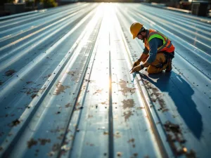 Dakonderhoudsmonteur in veiligheidspak inspecteert zinken dak met gereedschap in dramatisch middaglicht
