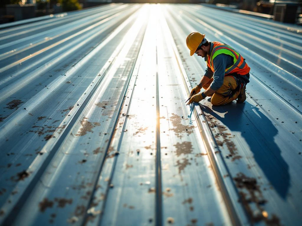 Dakonderhoudsmonteur in veiligheidspak inspecteert zinken dak met gereedschap in dramatisch middaglicht