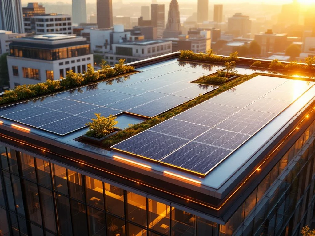 Moderne flat roof met zonnepanelen en groene daktuin op eigentijds glazen gebouw tijdens gouden uur