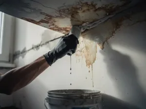 Gehandschoende hand die kit aanbrengt in een gebarsten plafondhoek met watervlekken op wit pleisterwerk, emmer op de vloer.