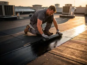 Dakdekker brengt bitumenmembraan aan op plat dak bij gouden uurtje, met ventilatie-units op de achtergrond.