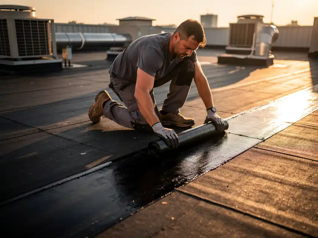 Dakdekker brengt bitumenmembraan aan op plat dak bij gouden uurtje, met ventilatie-units op de achtergrond.