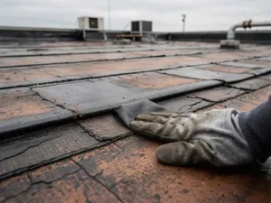 Dakdekker die met gehandschoende hand een verouderd bitumineus membraan op een plat dak inspecteert.