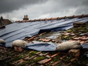 Versleten dakpannen van terracotta bedekt met een blauw noodzeildoek, verzwaard met zandzakken onder bewolkte lucht.
