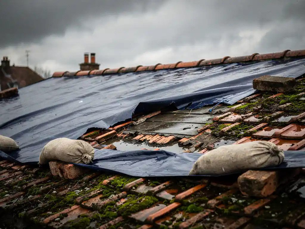 Versleten dakpannen van terracotta bedekt met een blauw noodzeildoek, verzwaard met zandzakken onder bewolkte lucht.