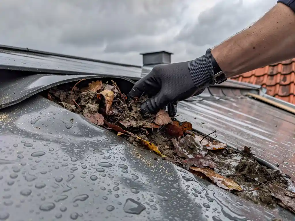 Dakspecialist reinigt verstopte platdakafvoer vol natte bladeren en puin, met zichtbaar vochtig dakmembraan op bewolkte dag.