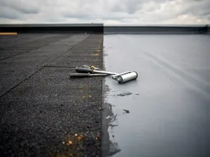Plat dak met donker bitumenvilt naast gladde grijze EPDM-rubberfolie, dakgereedschap en naadroller op de grens, bewolkte lucht.