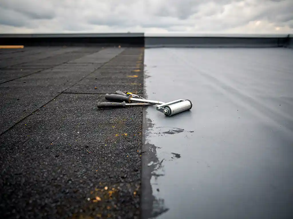 Plat dak met donker bitumenvilt naast gladde grijze EPDM-rubberfolie, dakgereedschap en naadroller op de grens, bewolkte lucht.