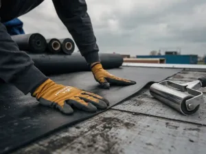 Dakdekker drukt bitumineuze membraanlaag op plat dak, met EPDM-rollen en naadroller op verweerd dakdek.