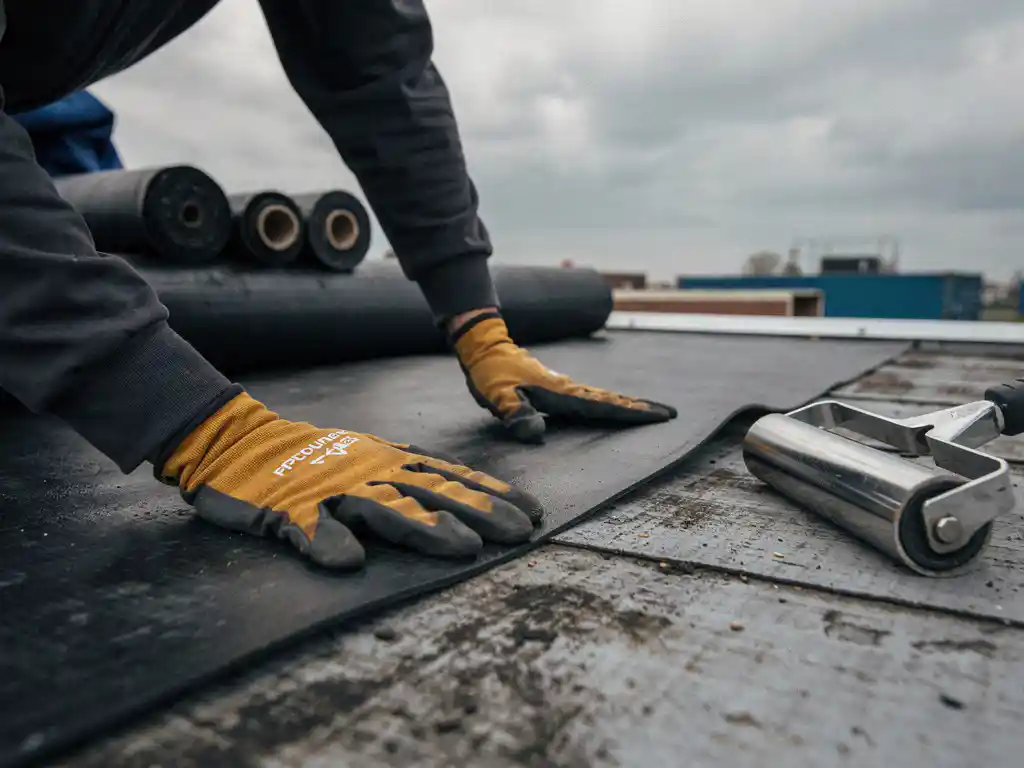 Dakdekker drukt bitumineuze membraanlaag op plat dak, met EPDM-rollen en naadroller op verweerd dakdek.