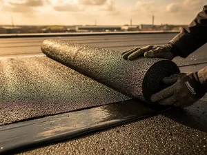 Dakdekker rolt bitumineuze dakbedekking uit op plat dak, met gestructureerd granulaatoppervlak glanzend in middagzon.