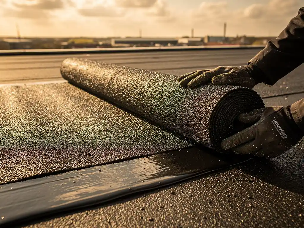 Dakdekker rolt bitumineuze dakbedekking uit op plat dak, met gestructureerd granulaatoppervlak glanzend in middagzon.