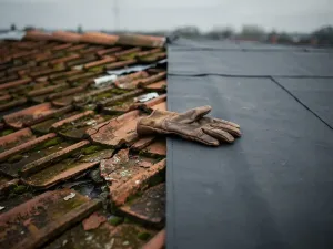 Verweerde dakpannen met mos naast nieuw bitumineus dakdicht, met een versleten leren handschoen op de grens tussen oud en nieuw dak.