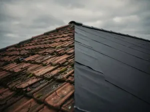 Verweerd dak met gebarsten, mosrijke dakpannen naast nieuw aangebracht bitumineus dakfolie op hetzelfde hellende dakvlak.