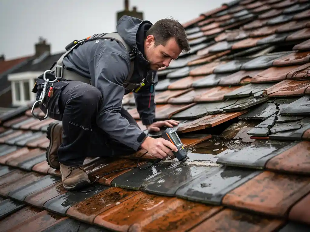 Dakspecialist inspecteert beschadigde dakpannen met vochtmeter op nat woonhuis onder bewolkte Nederlandse lucht.