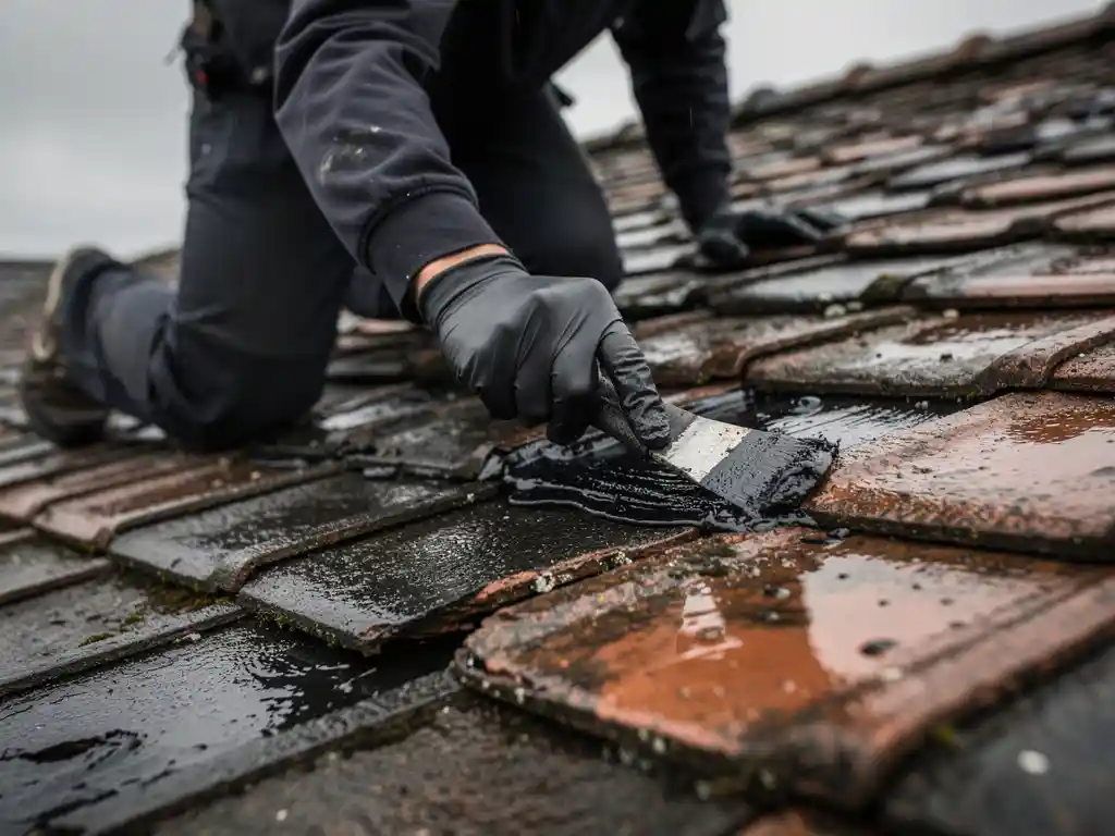 Dakdekker die bitumineuze kit aanbrengt rond gebarsten dakpan op nat, verweerd pannendak bij bewolkt weer.