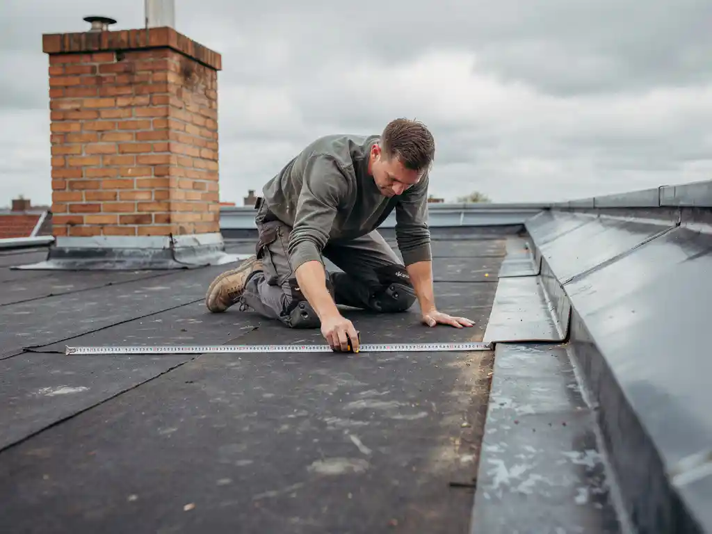 Dakspecialist knielt op donker bitumendak en meet tegels met stalen meetlint, terracotta schoorsteen en zinken dakrand zichtbaar.