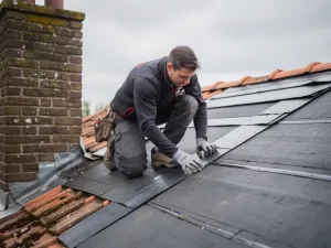 Dakspecialist inspecteert bitumineuze dakbedekking op hellend woonhuisdak, met verweerde terracotta schoorsteen op de achtergrond.