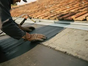 Dakdekker die bitumineuze dakbaan aanbrengt op hellend dak, met hitsebrander en lederen handschoenen, terracotta dakpannen en zinkflashing op achtergrond.