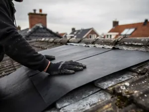 Dakdekker die zwarte bitumineuze dakbaan aanlegt over verweerde bestaande laag, met terracotta schoorsteen en Nederlandse dakpannen op de achtergrond.