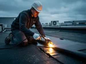 Dakdekker knielt op plat bitumineus dak en versmeldt waterdichte membraan over scheur met gasbrander, industriële daken op achtergrond.